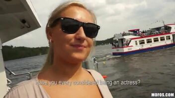 Charming blonde shares her big tits and twat after a fun outing