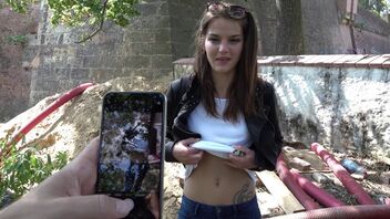 Amateur brunette tastes cum after sex in the woods